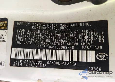 2006 Toyota Avalon Limited z USA, uszkodzony, nr VIN 4T1BK36B16U063778